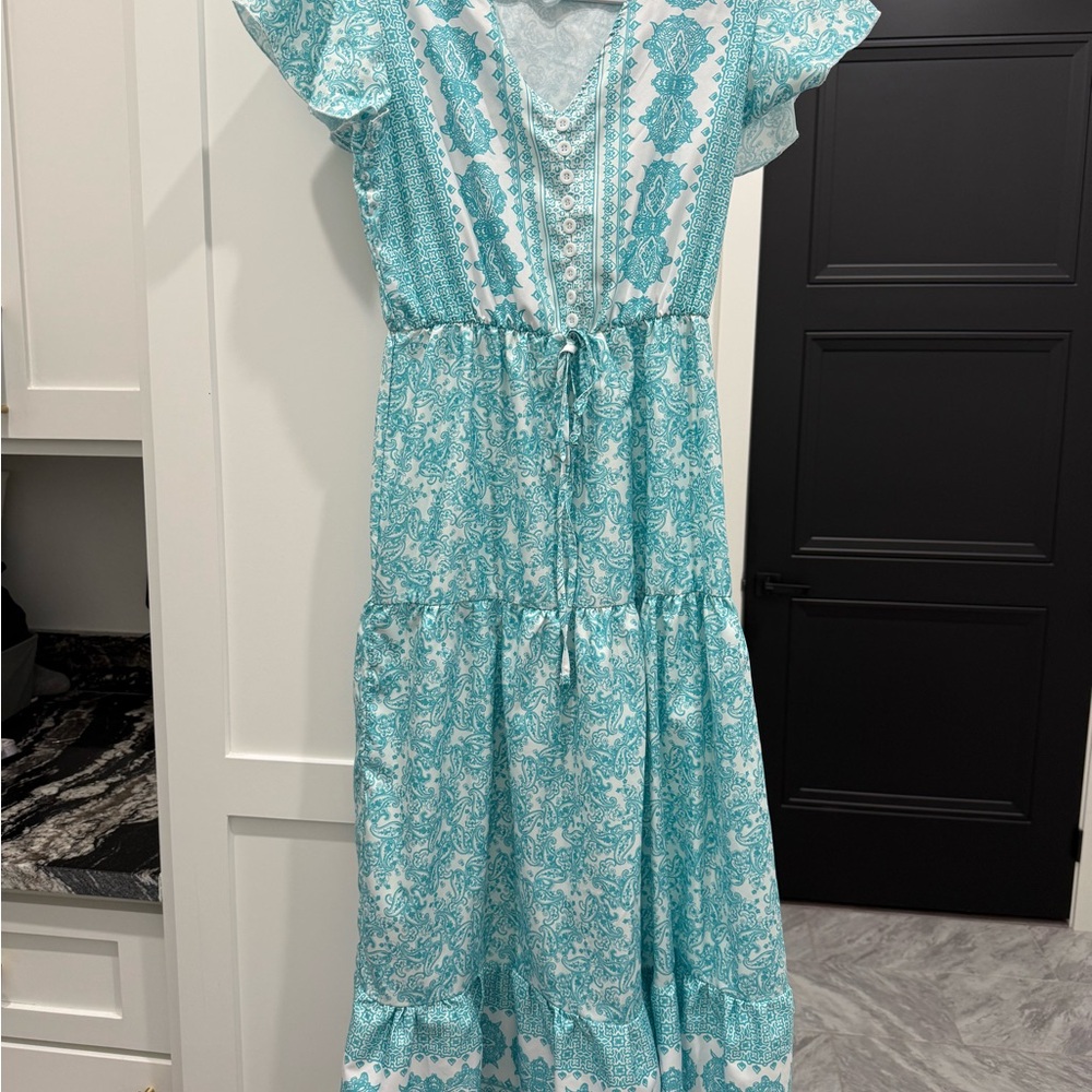 SHEIN Teal White Floral Midi Dress